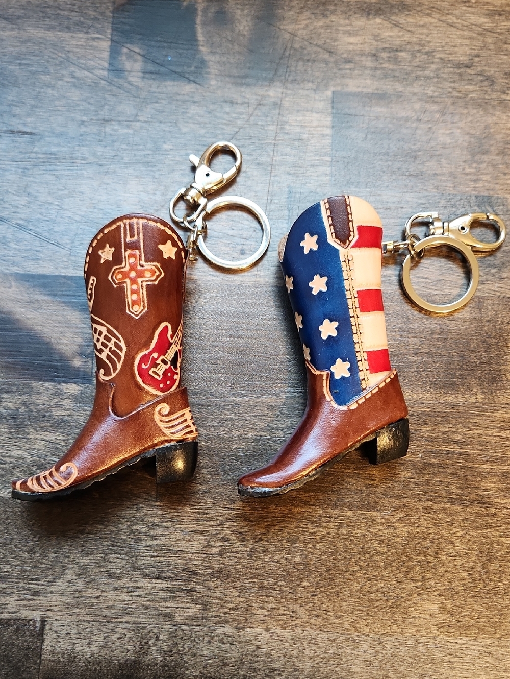 Pair Of Cowboy Boot Keychains - USA And Music Notes Cross And Guitar